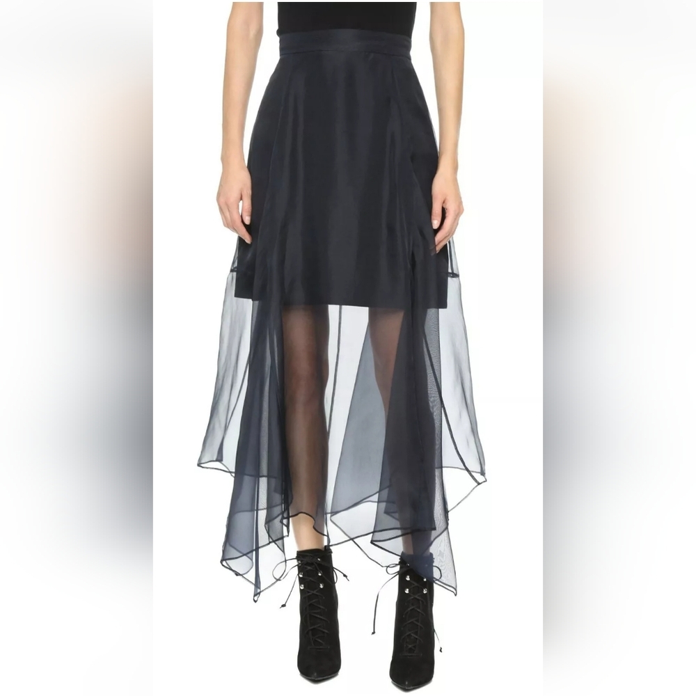NWT XS Marissa Webb Navy Yasmin Organza Silk Skirt High Low Sheer
